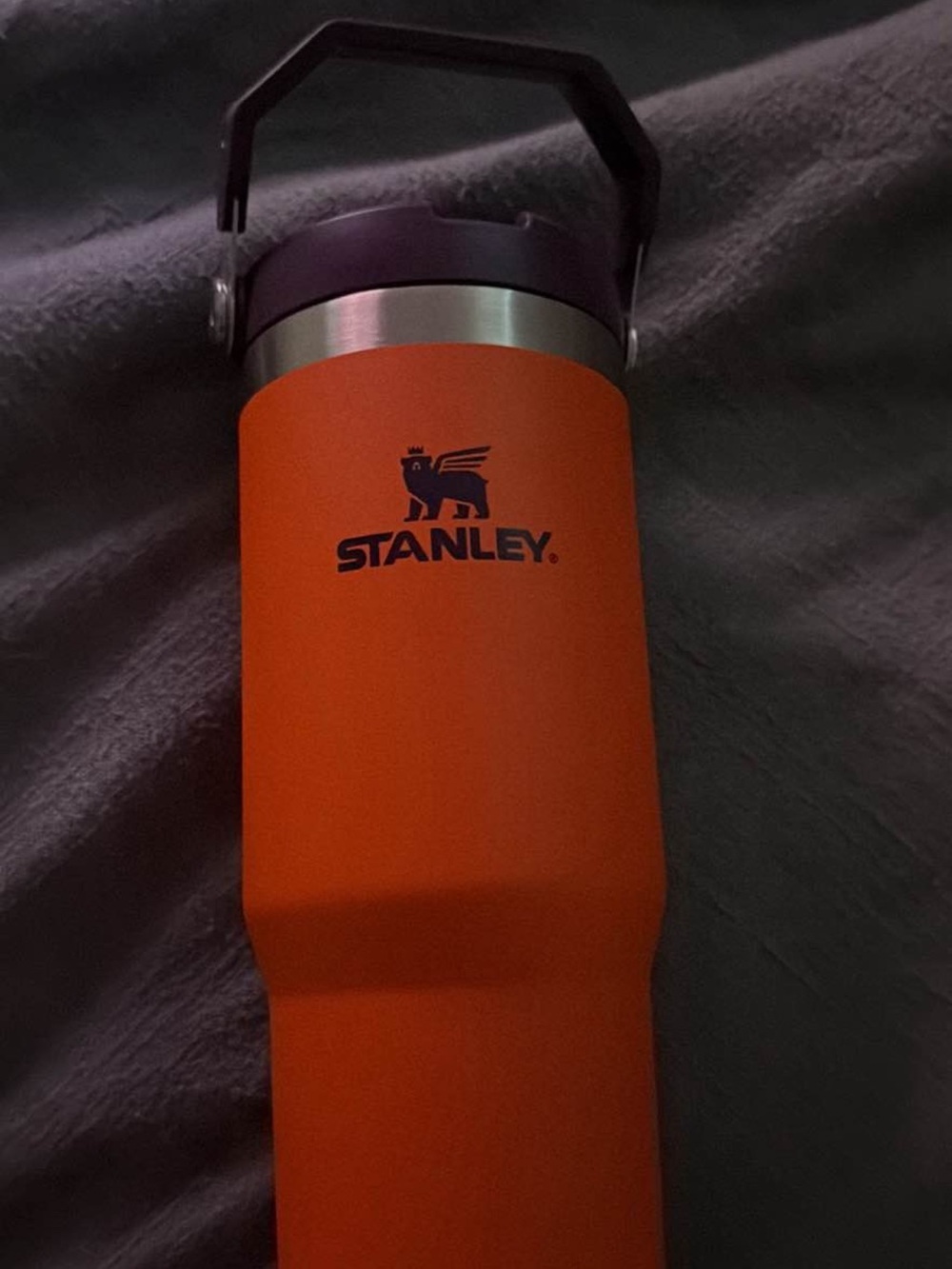 Stanley Orange Tumbler with Purple Lid and Handle